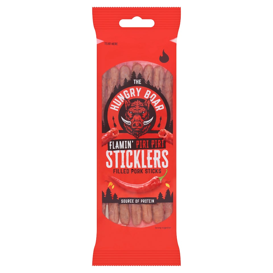 The Hungry Boar Flamin' Piri Piri Sticklers Filled Pork Sticks Clipstrip 50g