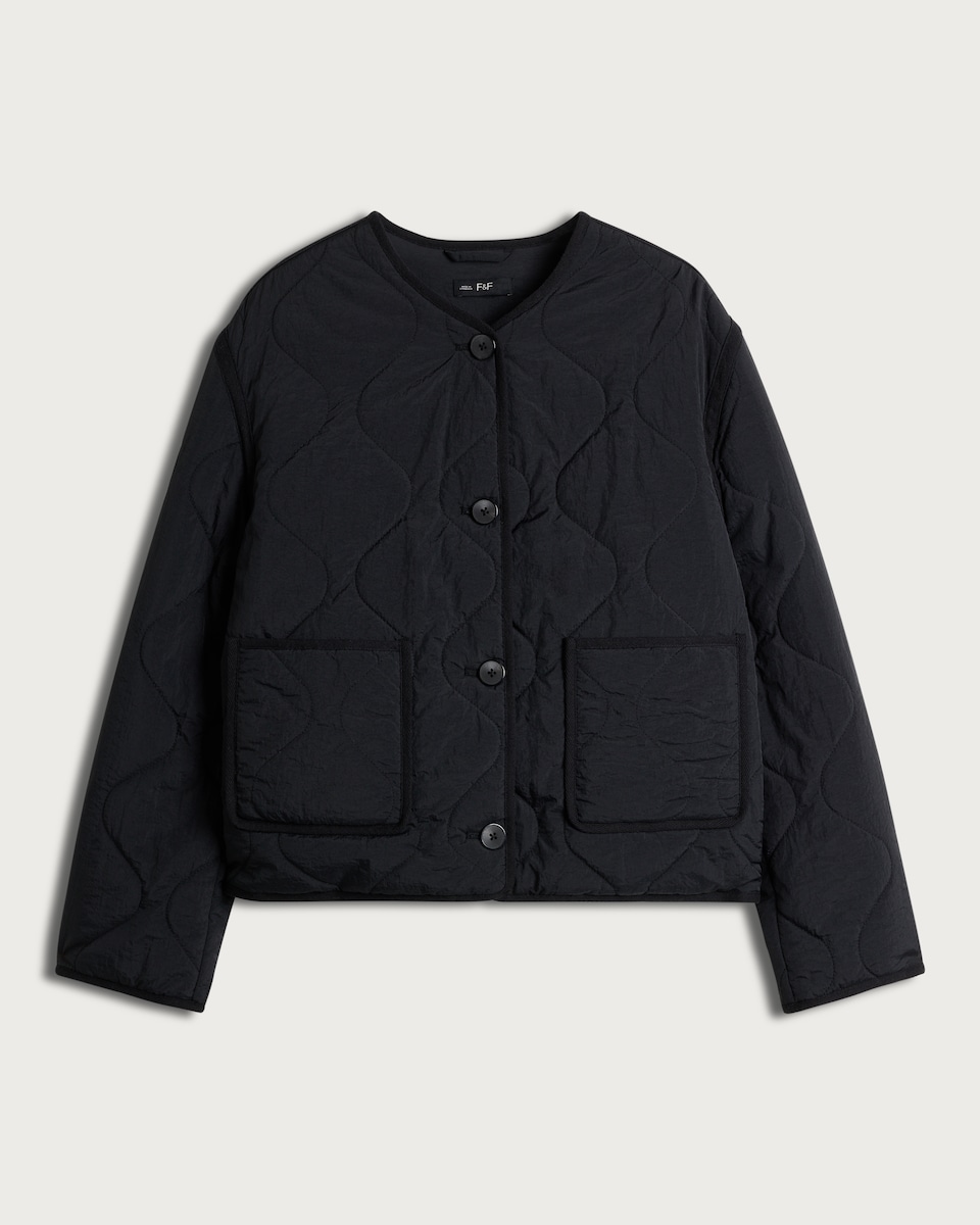 image 1 of F&F Shower Resistant Quilted Collarless Jacket in Black