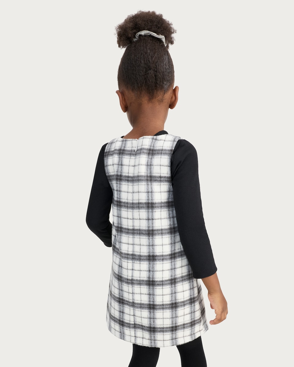 image 1 of F&F Girls Cotton Rich Check Pinafore, Top and Tights in Multi Black White