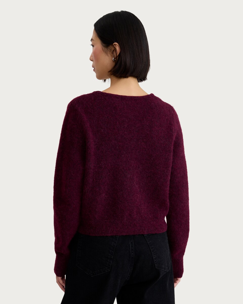 image 1 of F&F Knitted Fluffy V Neck Cardigan in Burgundy