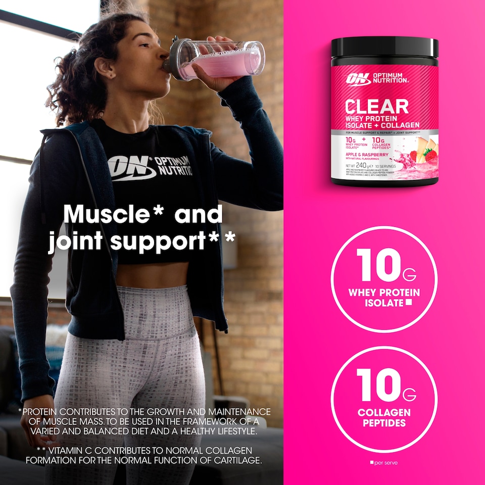 image 1 of Optimum Nutrition Clear Whey + Collagen Apple & Raspberry 240g