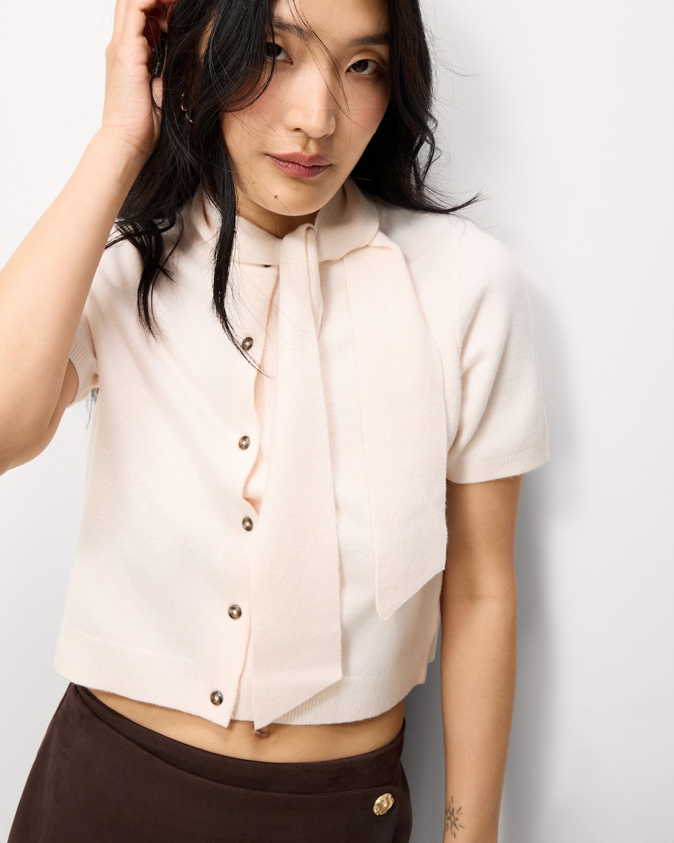 image 1 of F&F Short Sleeved Tie Neck Knitted Top in Neutral