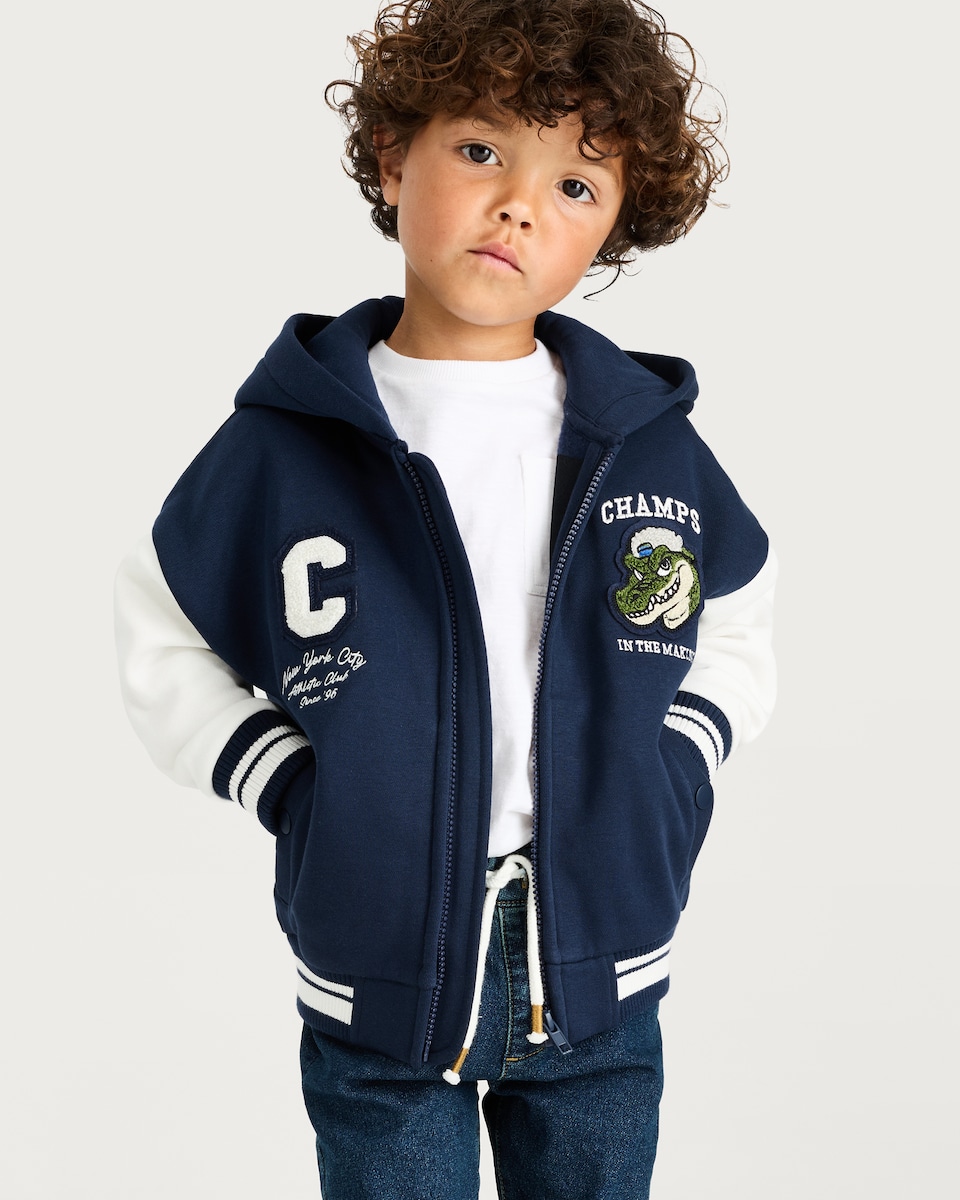 image 1 of F&F Boys Cotton Rich Champs Crocodile Bomber Jacket in Navy