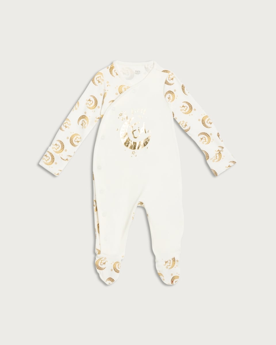 F&F Baby Pure Cotton Eid Long Sleeved Sleepsuit in White