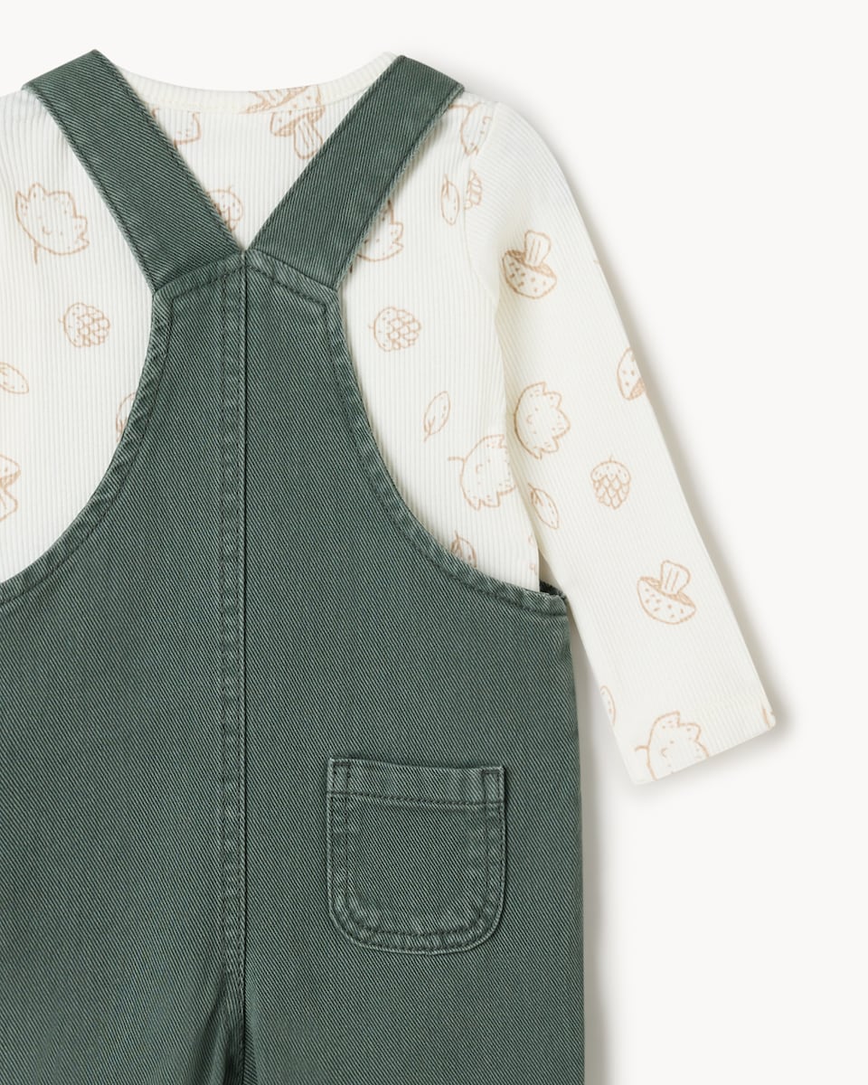 image 1 of F&F Baby Cotton Rich Dungarees and Bodysuit Set in Green