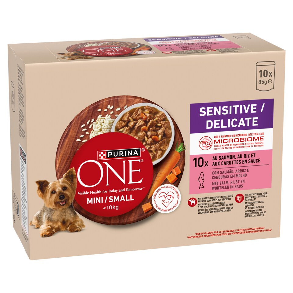 Purina One Mini Sensitive/Delicate lazaccal rizzsel nedves kutyaeledel 10 x 85 g (850 g)