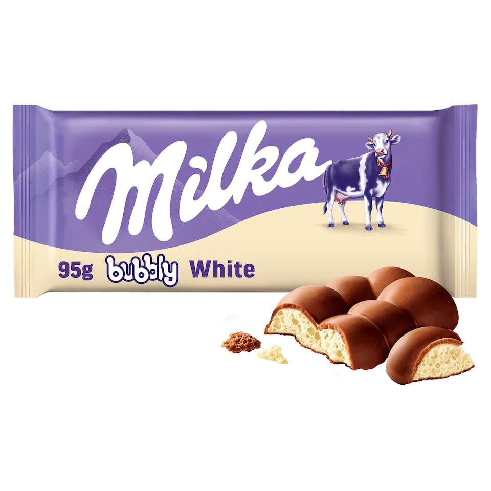 Milka Bubbly white mliečna čokoláda z alpského mlieka s poréznou náplňou z bielej čokolády 95 g
