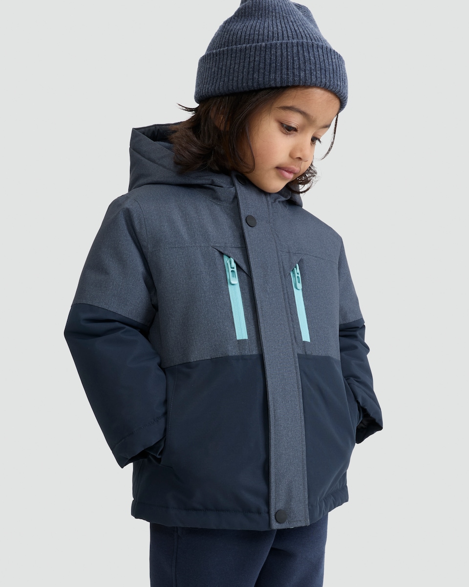 image 1 of F&F Boys Hooded Colour Block Waterproof Ski Jacket in Multi