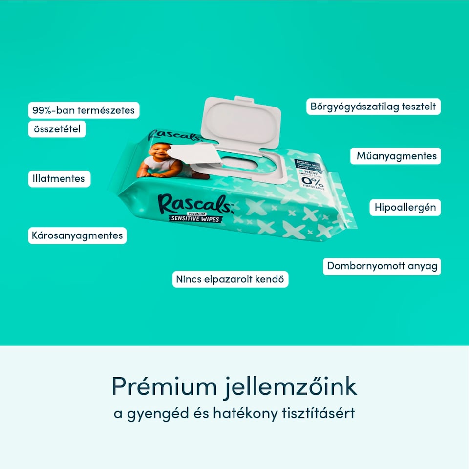 Rascals Premium törlőkendő érzékeny bőrre 52 db  1. kép