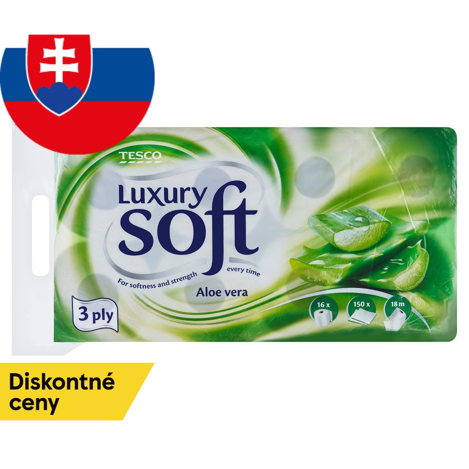 Tesco Soft Luxury Toaletný papier s vôňou aloe vera 3 vrstvy 16 kotúčov