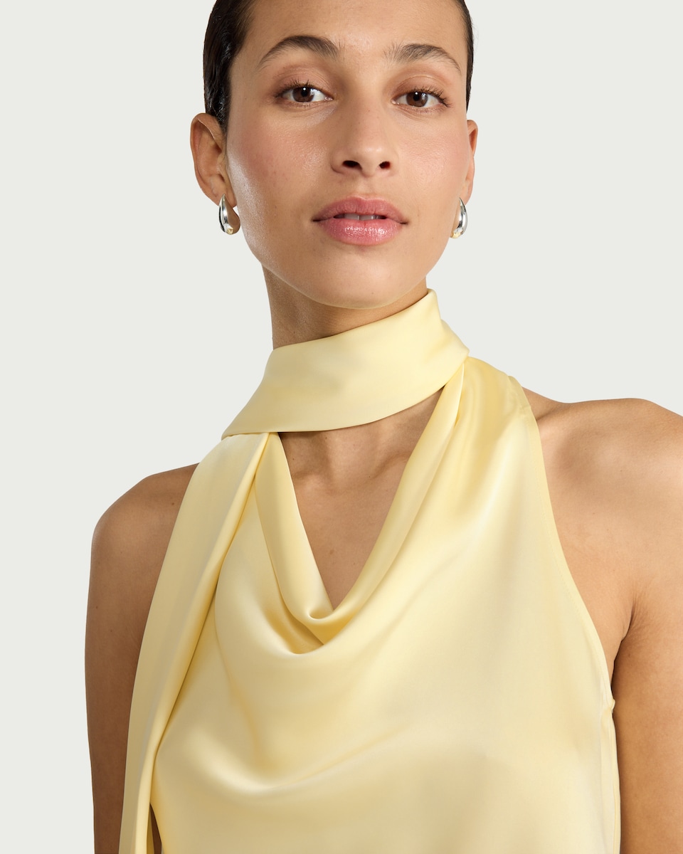 image 1 of F&F Satin Cowl Scarf Neck Blouse in Yellow