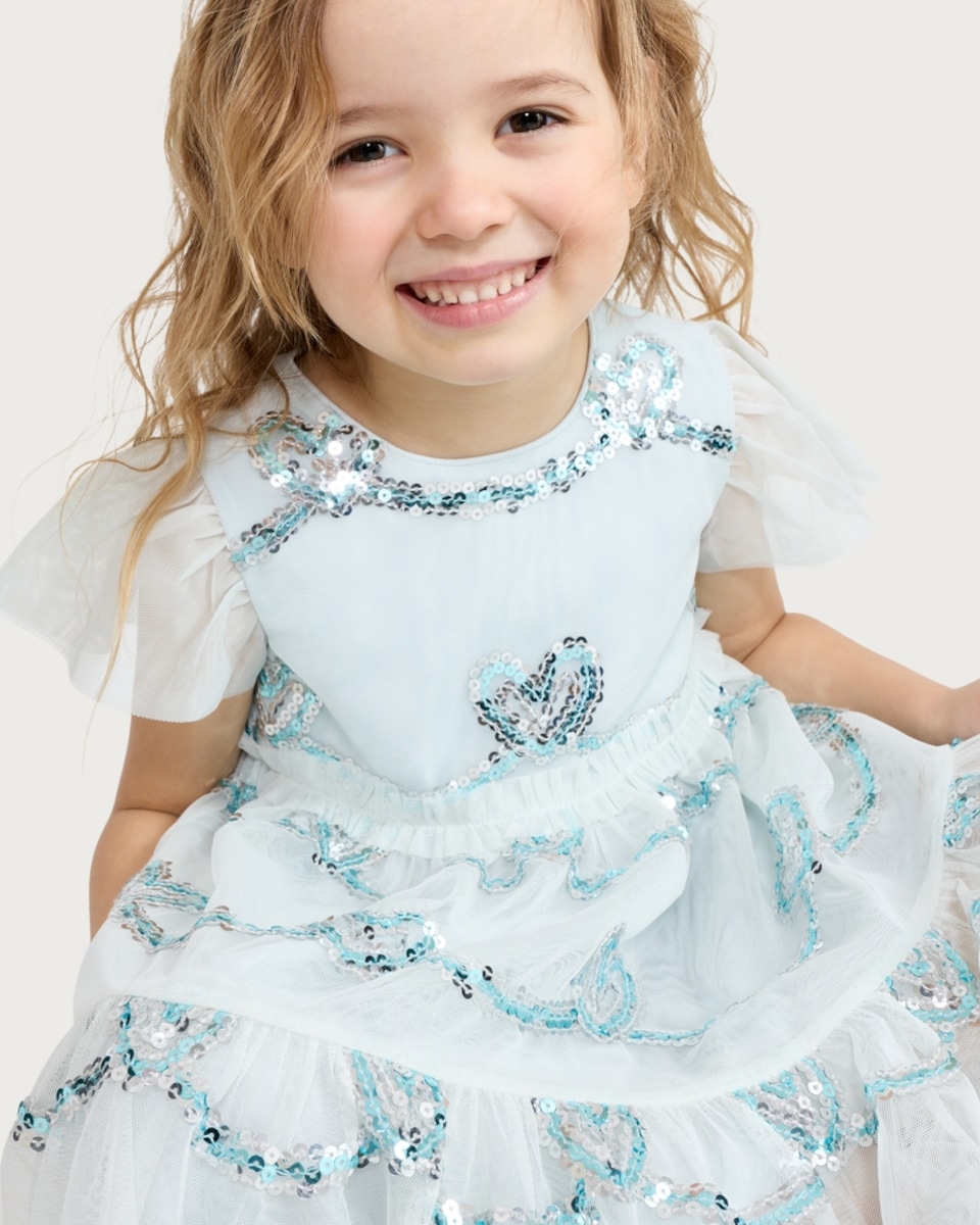 image 1 of F&F Girls Sequin Embellished Tiered Dress in Blue