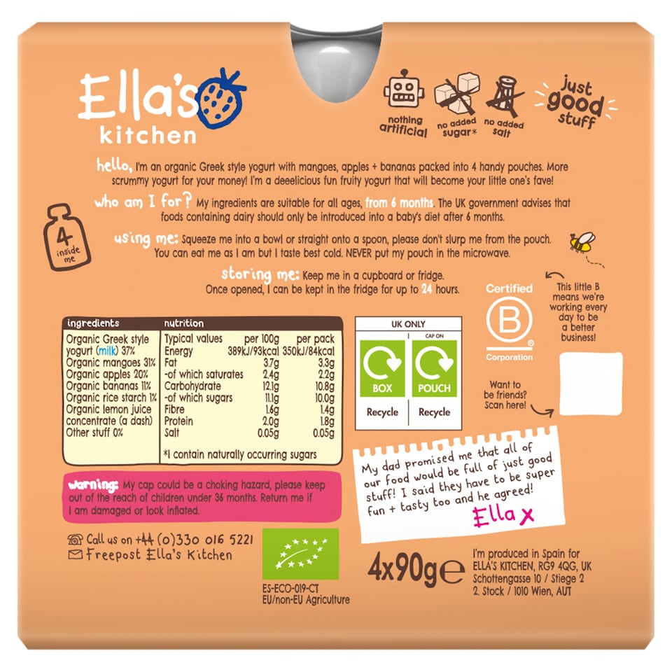 image 1 of Ella's Kitchen Organic greek style mango yogurt 4x90g