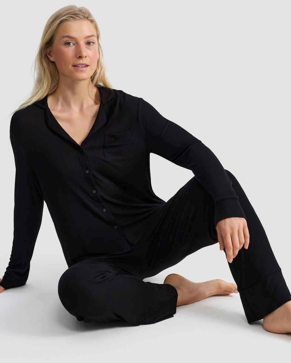 image 1 of F&F CoolEase™ Ribbed Button Up Shirt and Trousers Pyjamas in Black
