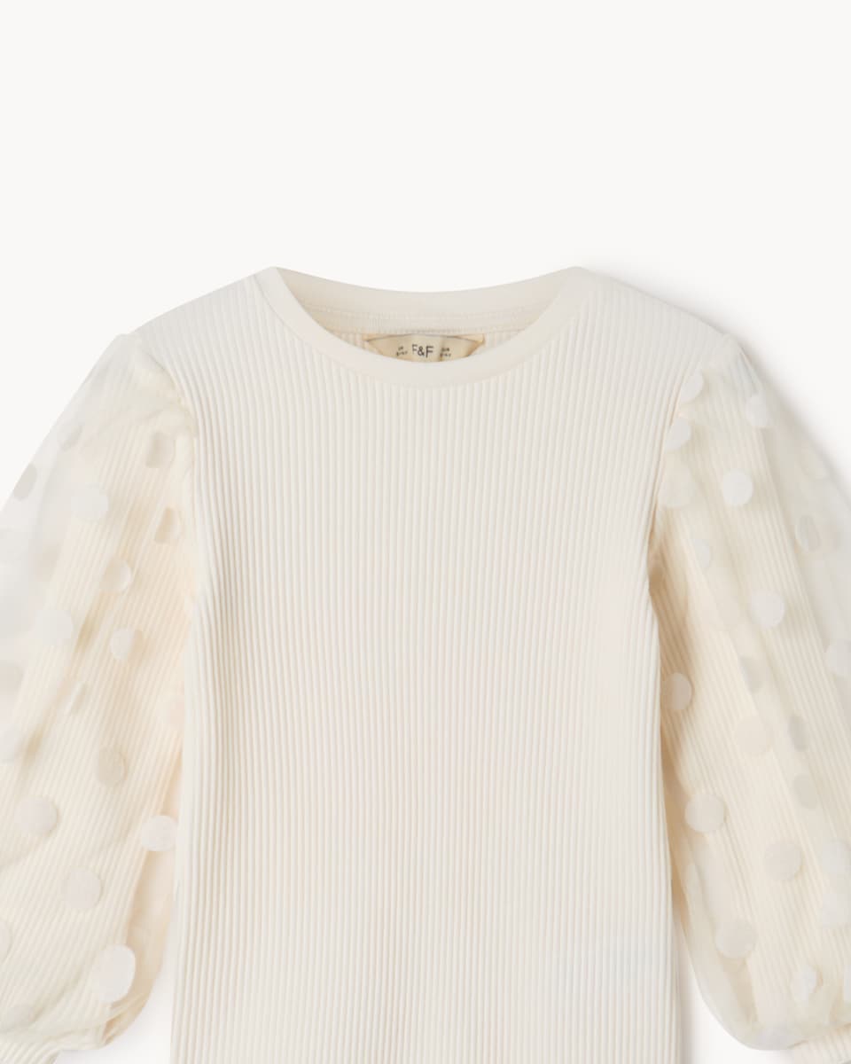 image 1 of F&F Girls Polka Dot Sleeved Ribbed Top in Cream