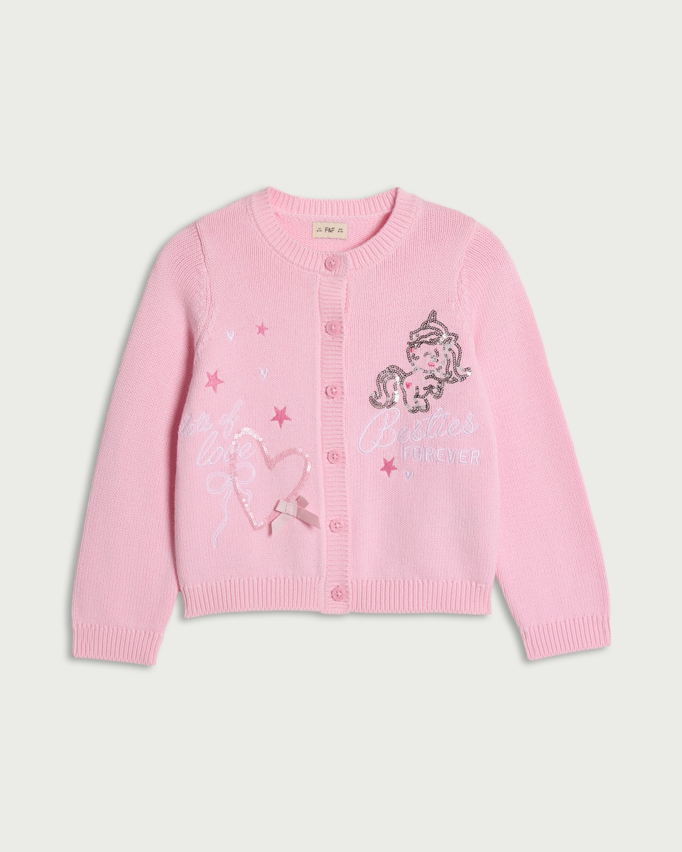 image 1 of F&F Girls Pure Cotton Sequin Unicorn Cardigan in Pink