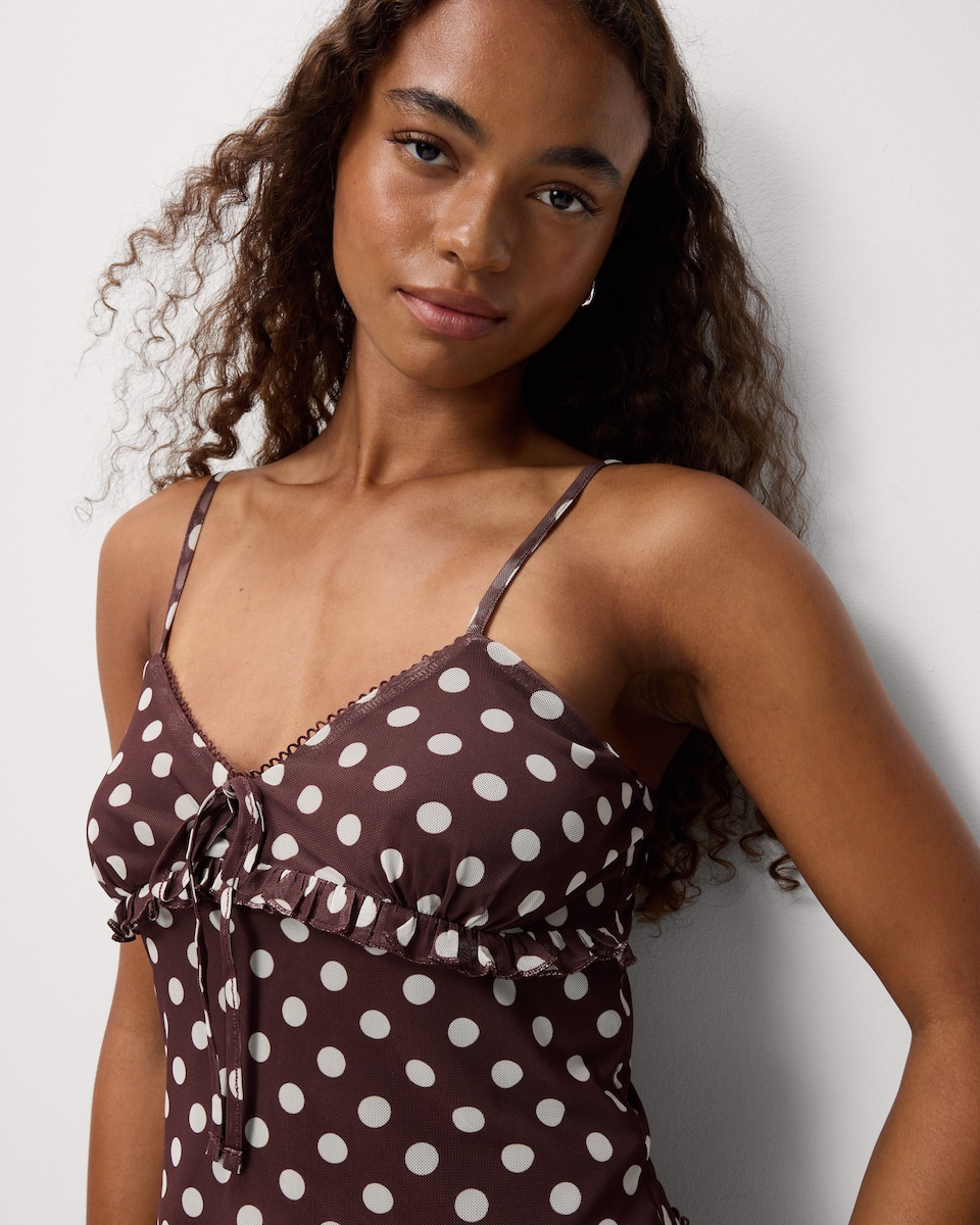 image 1 of OH ME OH MY Mesh Polka Dot Vest in Chocolate