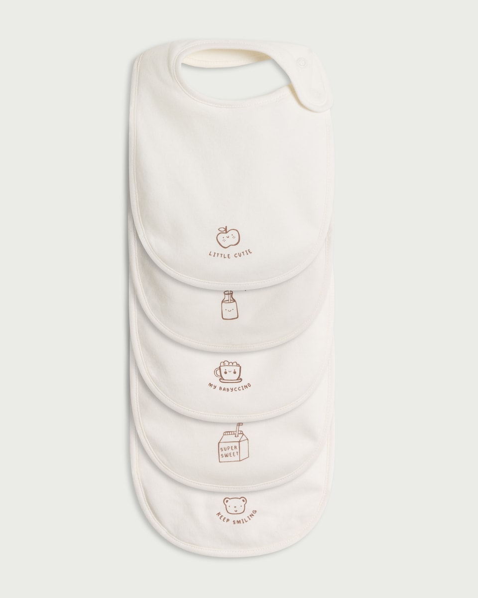 image 1 of F&F Baby 5-Pack Pure Cotton Printed Bibs in White