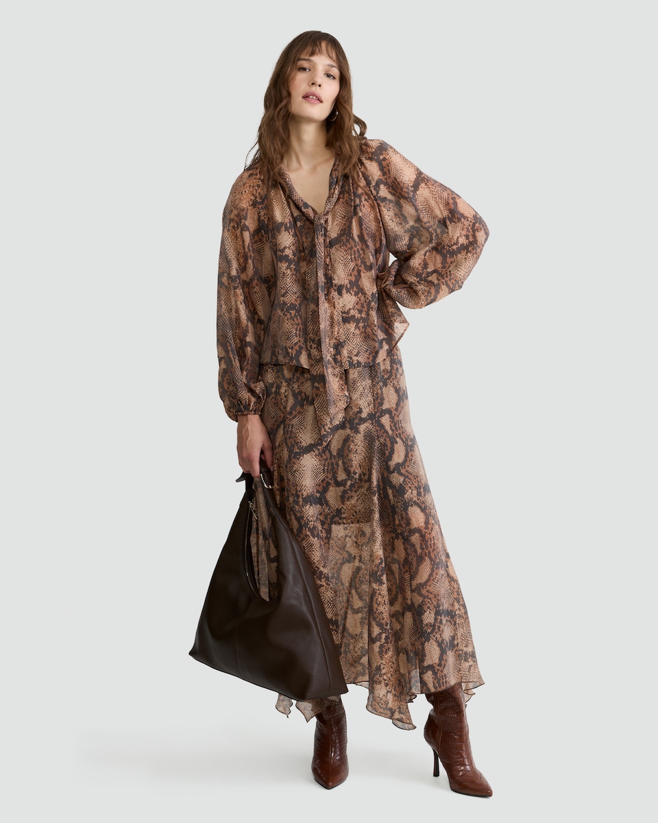 image 1 of F&F Snake Print Tie Neck Blouse in Multi Brown