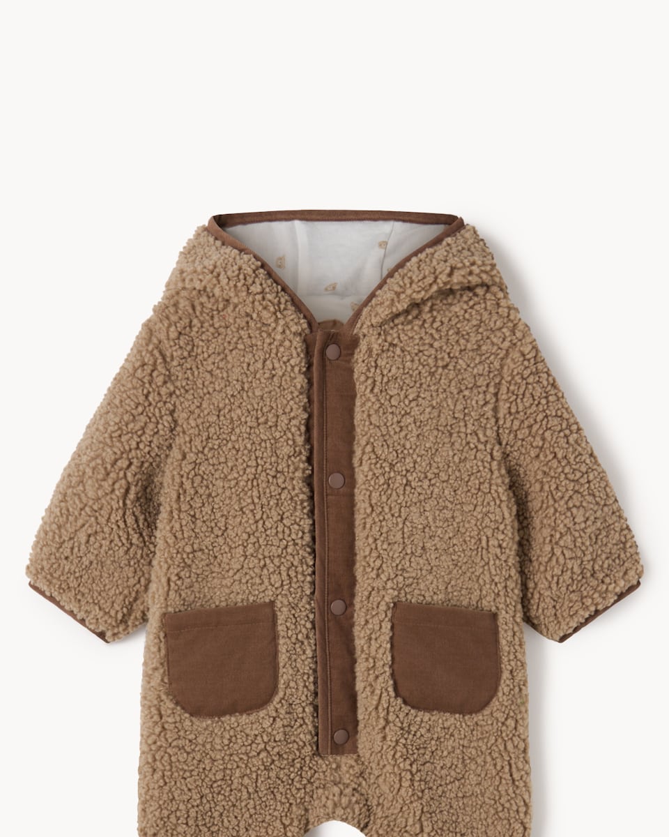 image 1 of F&F Baby Borg Fleece Hooded Pramsuit in Tan