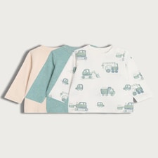 F&F Baby 3-Pack Cotton Rich Vehicle Printed Tops in Tan