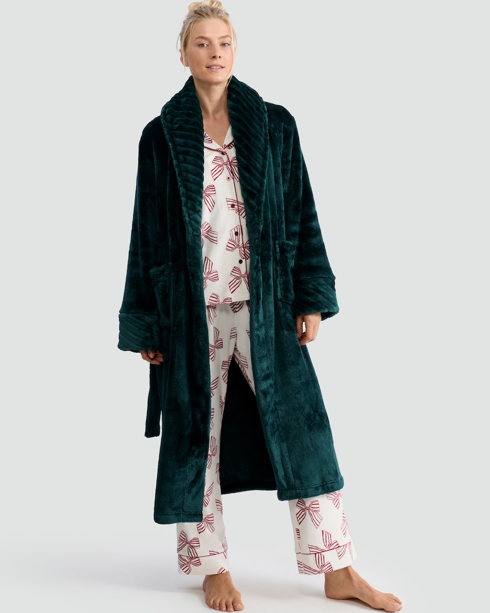 image 1 of F&F Fleece Striped Collared Dressing Gown in Green