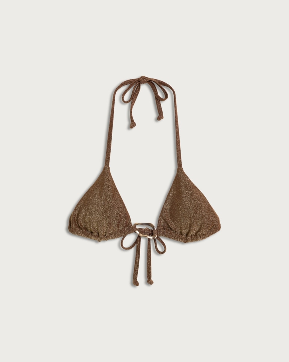 image 1 of F&F Metallic Triangle Halter Neck Bikini Top in Bronze
