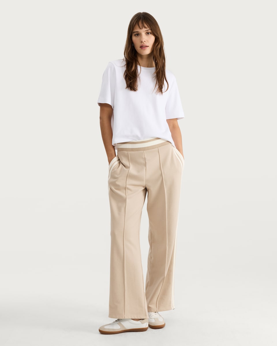 image 1 of F&F Active Cotton Rich Side Stripe Wide Leg Trousers in Stone