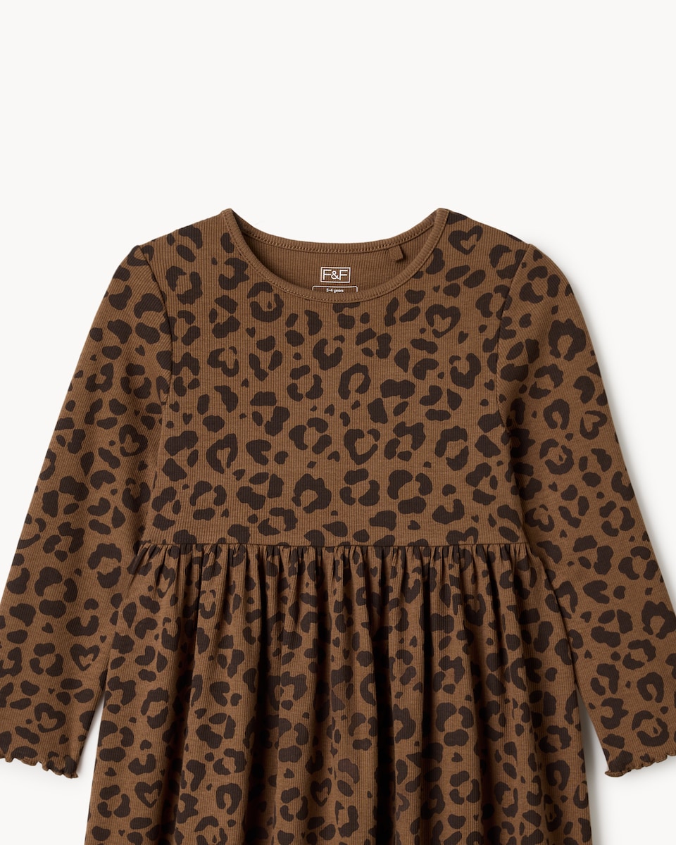 image 1 of F&F Girls Cotton Rich Ribbed Leopard Print Dress in Multi Brown