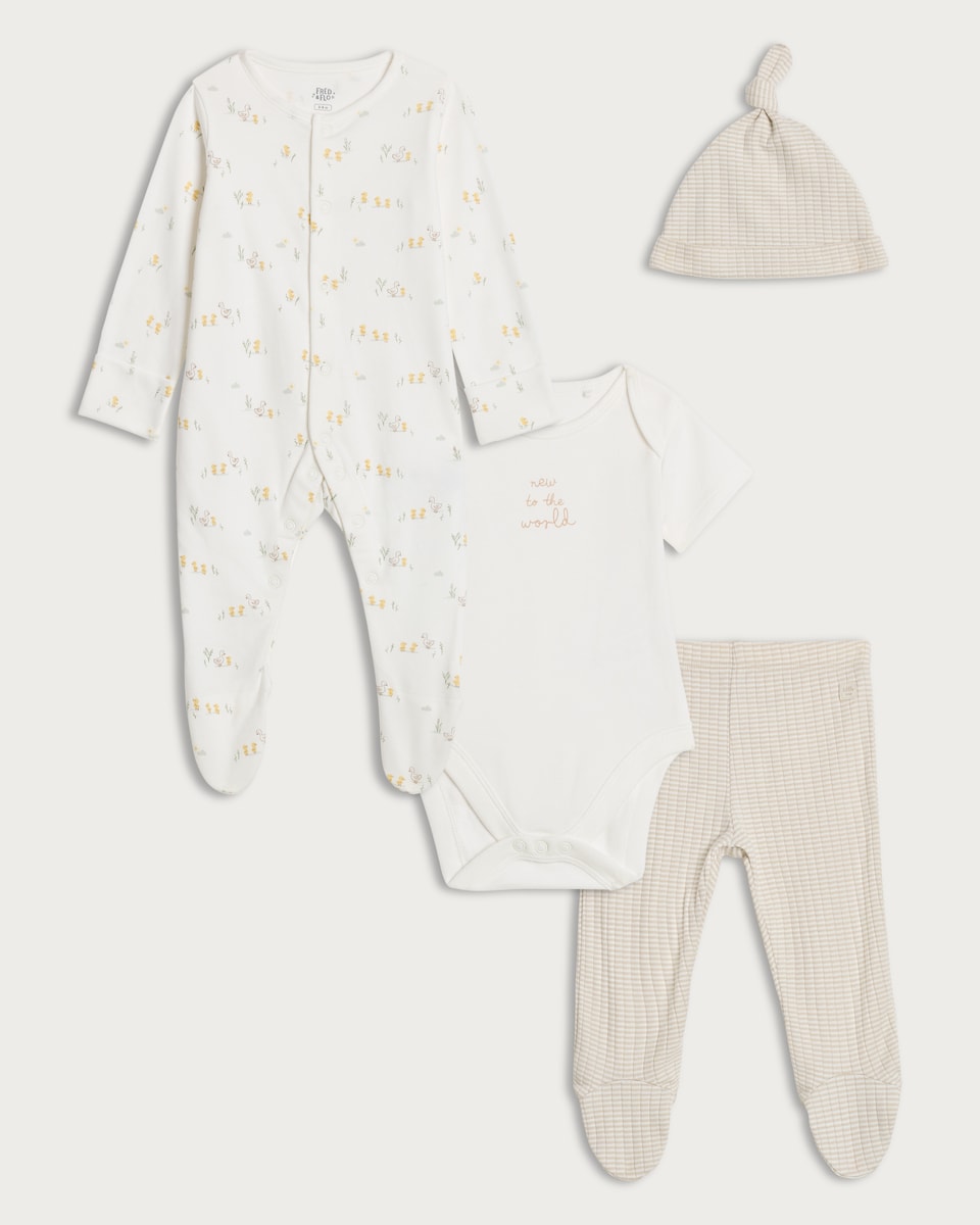 image 1 of F&F Baby 4-Piece Pure Cotton Duck Print Set in White