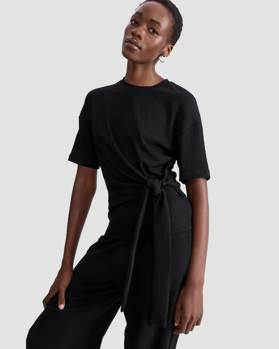 image 1 of F&F Crinkle Tie Front Co-ord Top in Black