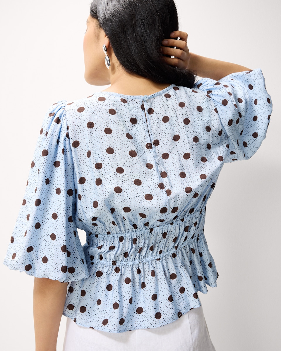 image 1 of F&F Shirred Puff Sleeve Blouse in Multi Blue