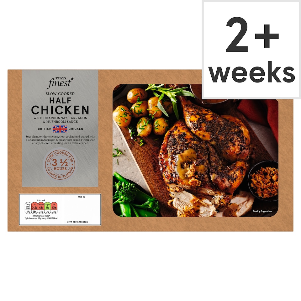 Tesco Finest Slow cooked British 1/2 Chicken basted with Chicken stock with a Chardonney, Tarragon & Mushroom sauce 948g