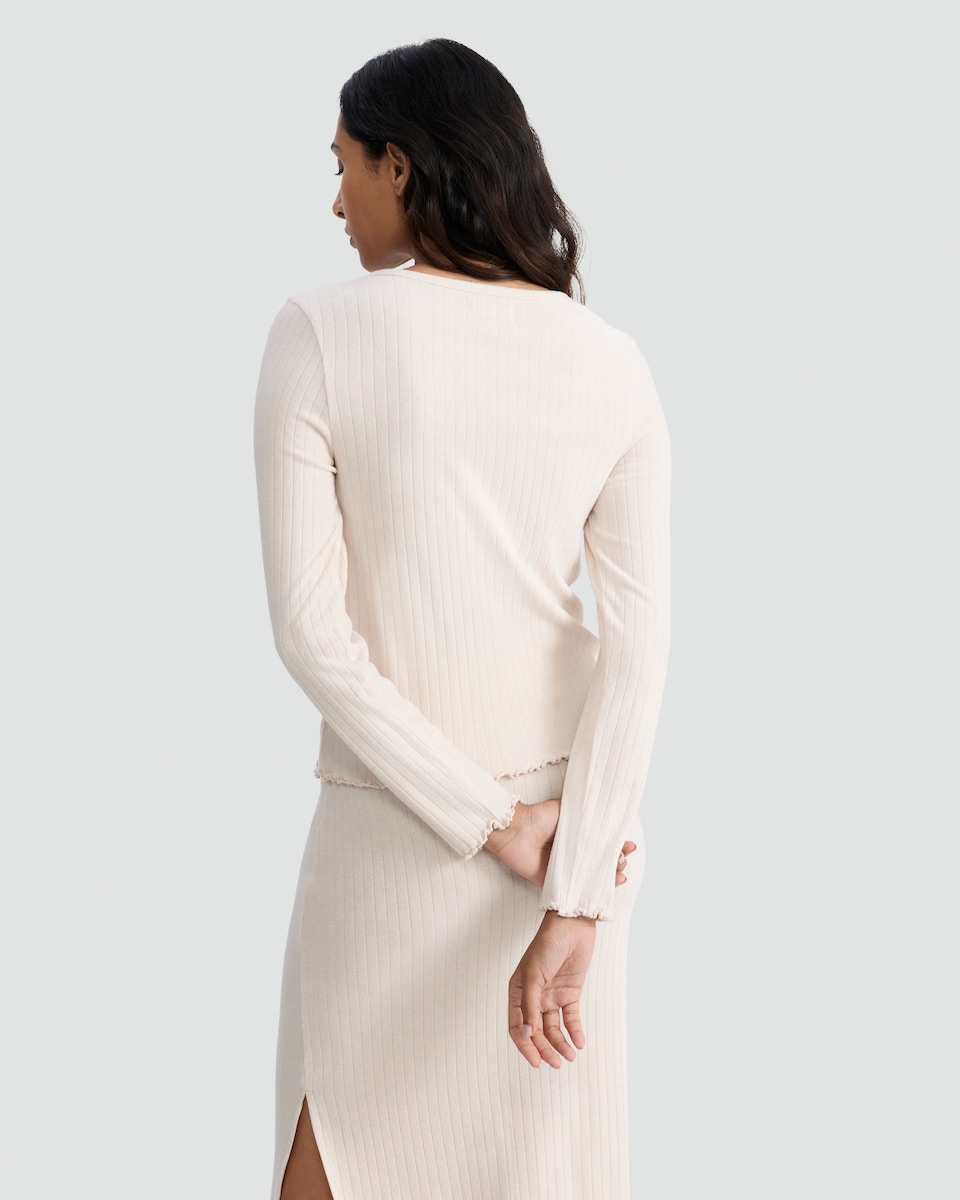 image 1 of F&F Ribbed Button Front Loungewear Cardigan in Stone