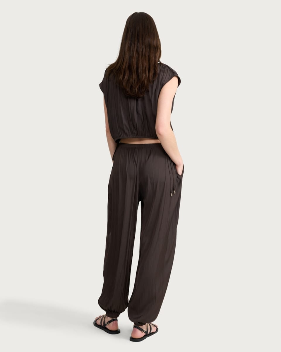 image 1 of F&F Satin Drawstring Co-ord Trousers in Chocolate