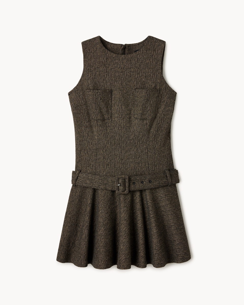 image 1 of F&F Herringbone Drop Waist Belted Mini Dress in Mink