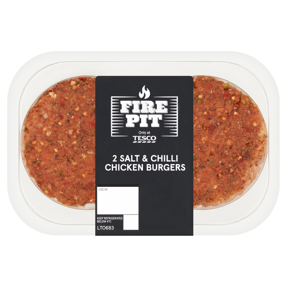 Tesco Fire Pit 2 Salt & Chilli Chicken Burgers 360g. Tesco Groceries