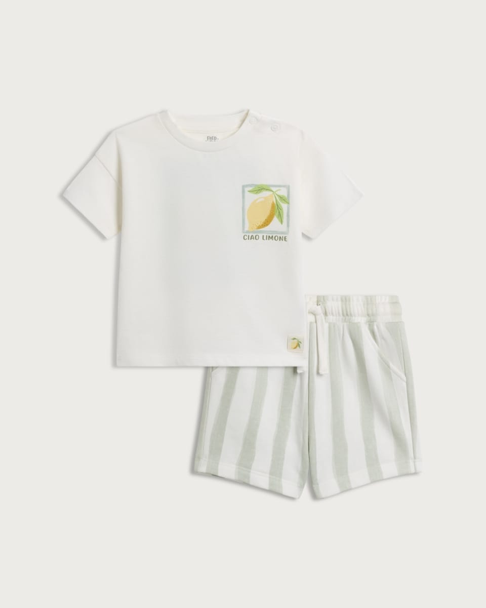 F&F Baby 2-Piece Pure Cotton Ciao Limone T-Shirt and Striped Shorts Set in Cream