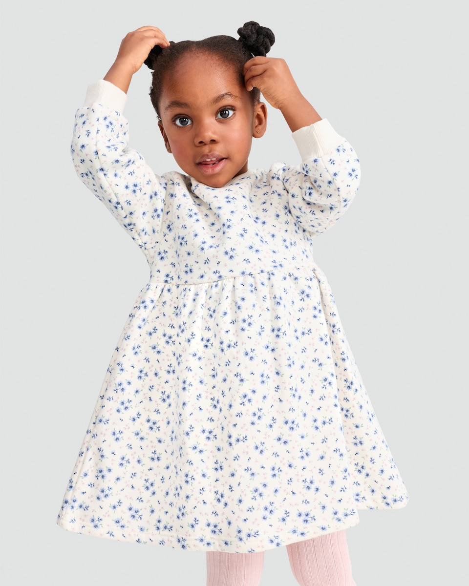 image 1 of F&F Girls Cotton Rich Floral Print Long Sleeved Sweater Dress in Cream