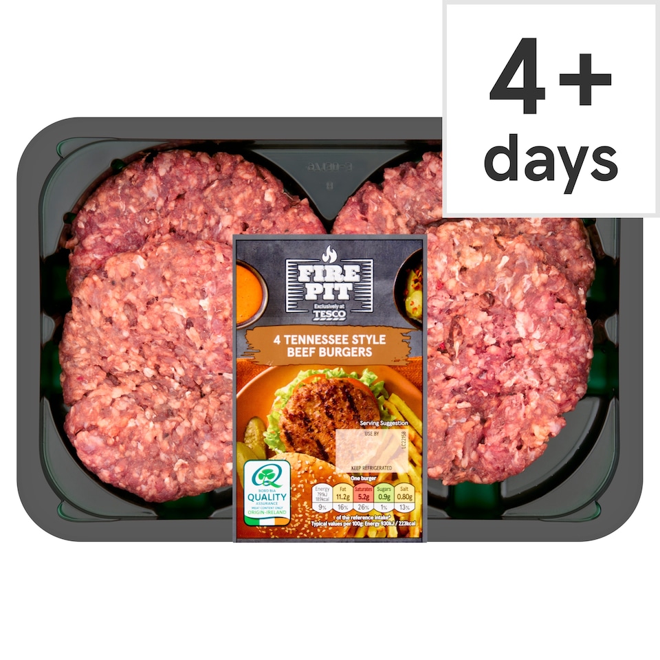 Tesco Fire Pit 4 Tennessee Style Beef Burgers 454g