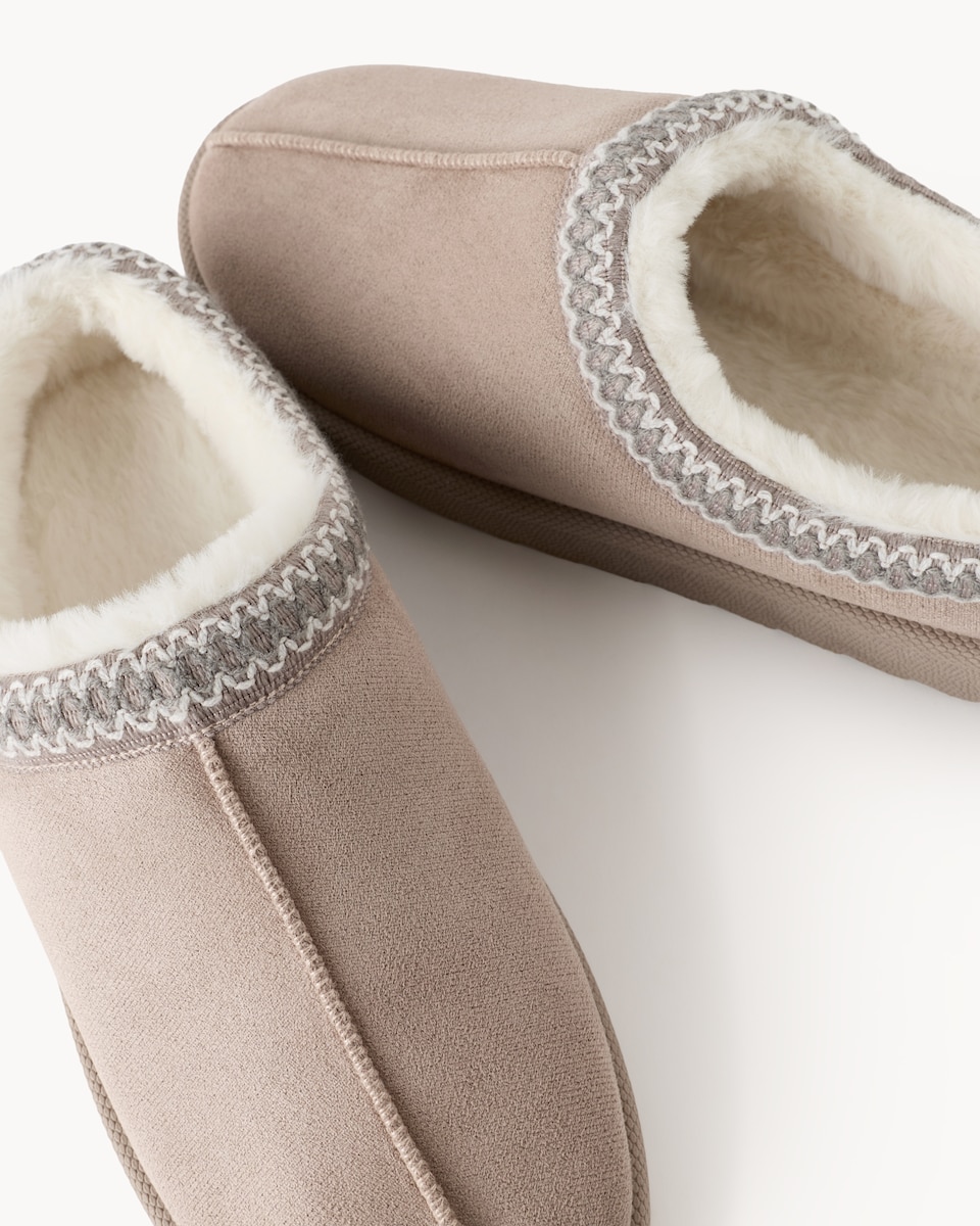 image 1 of F&F Faux Fur Lined Embroidered Mule Slippers in Natural