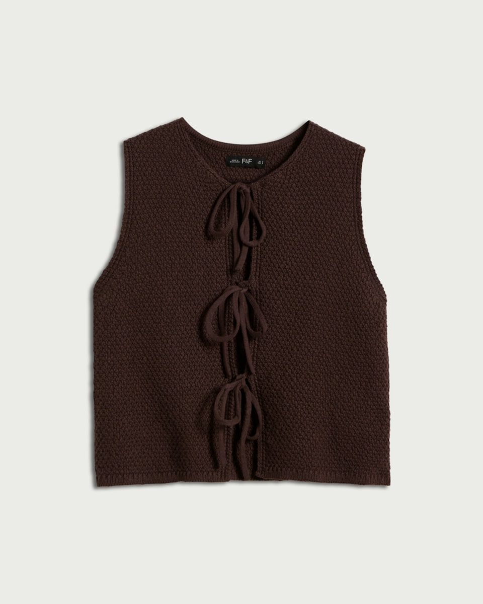 F&F Cotton Rich Textured Knitted Tie Front Waistcoat in Chocolate ...
