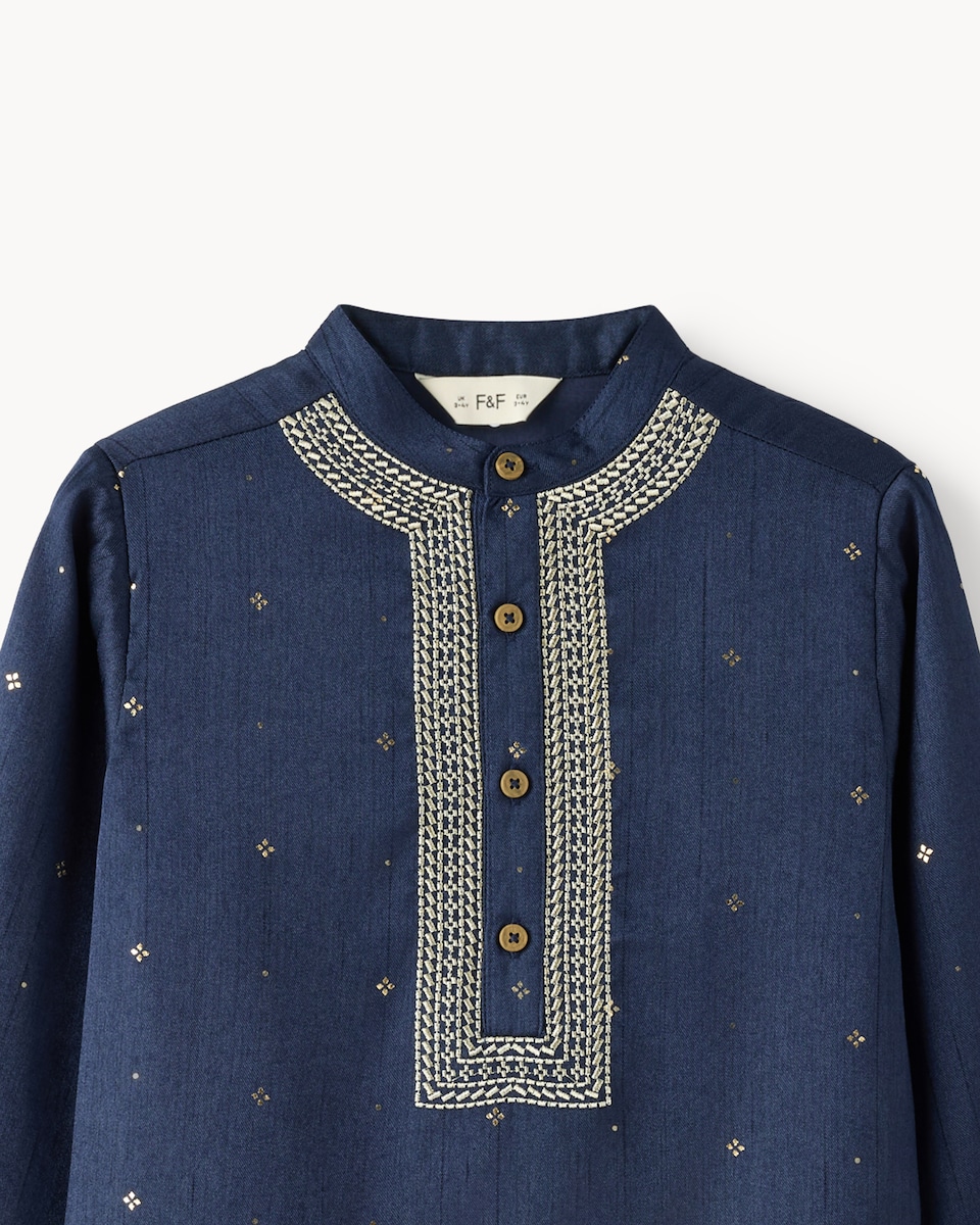 image 1 of F&F Boys Long Sleeved Diwali Kurta Shirt in Navy