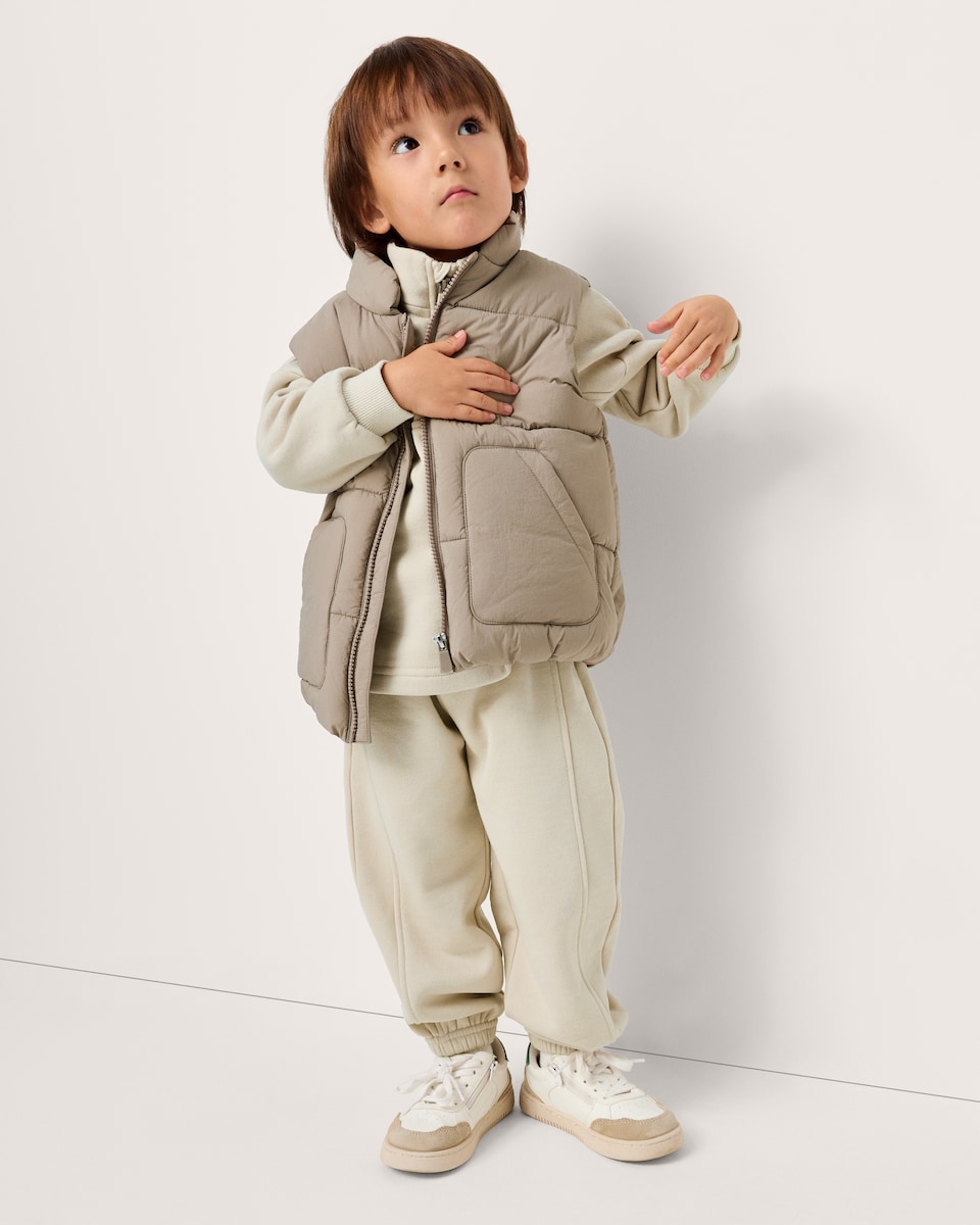 image 1 of F&F Boys Puffer Gilet, Sweatshirt and Joggers Set in Stone