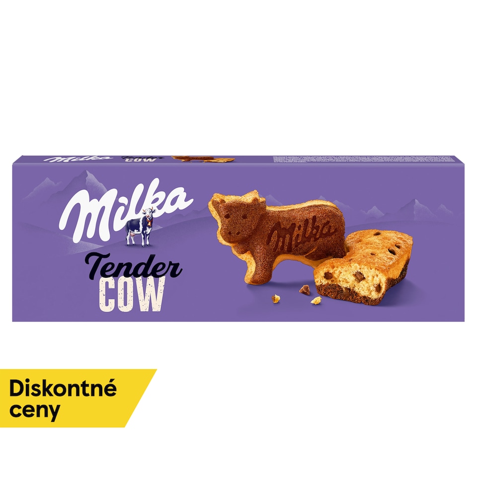 Milka Tender Cow jemné pečivo s kúskami mliečnej čokolády z alpského mlieka a kakaovou vrstvou 140 g
