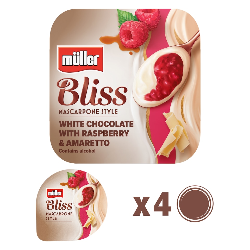 image 1 of Müller Bliss Mascarpone Yogurt White Chocolate, Raspberry & Amaretto 4x110g