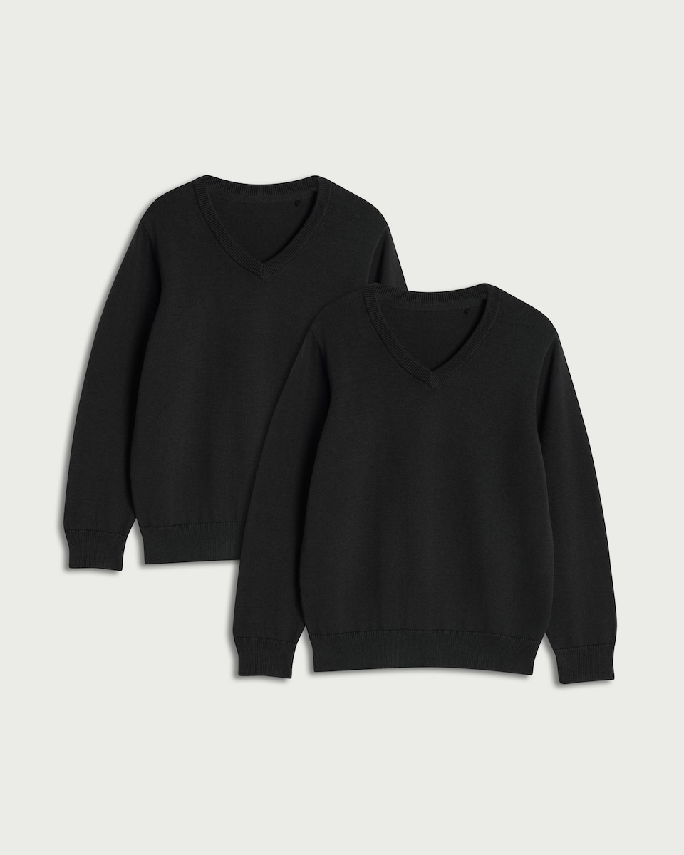 image 1 of F&F School Unisex 2-Pack Pure Cotton V-Neck Jumpers in Black