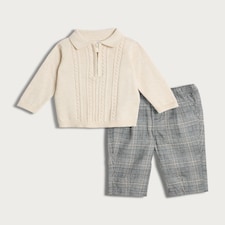 F&F Baby 2-Piece Cotton Rich Cable Knit Jumper and Trousers Set in Cream
