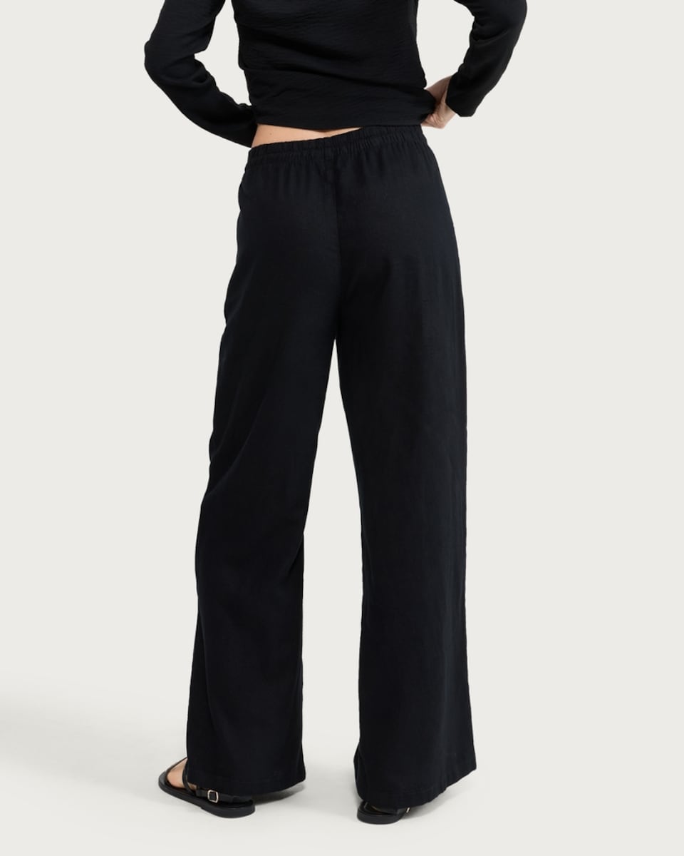 image 1 of F&F Linen Rich Wide Leg Drawstring Trousers in Black