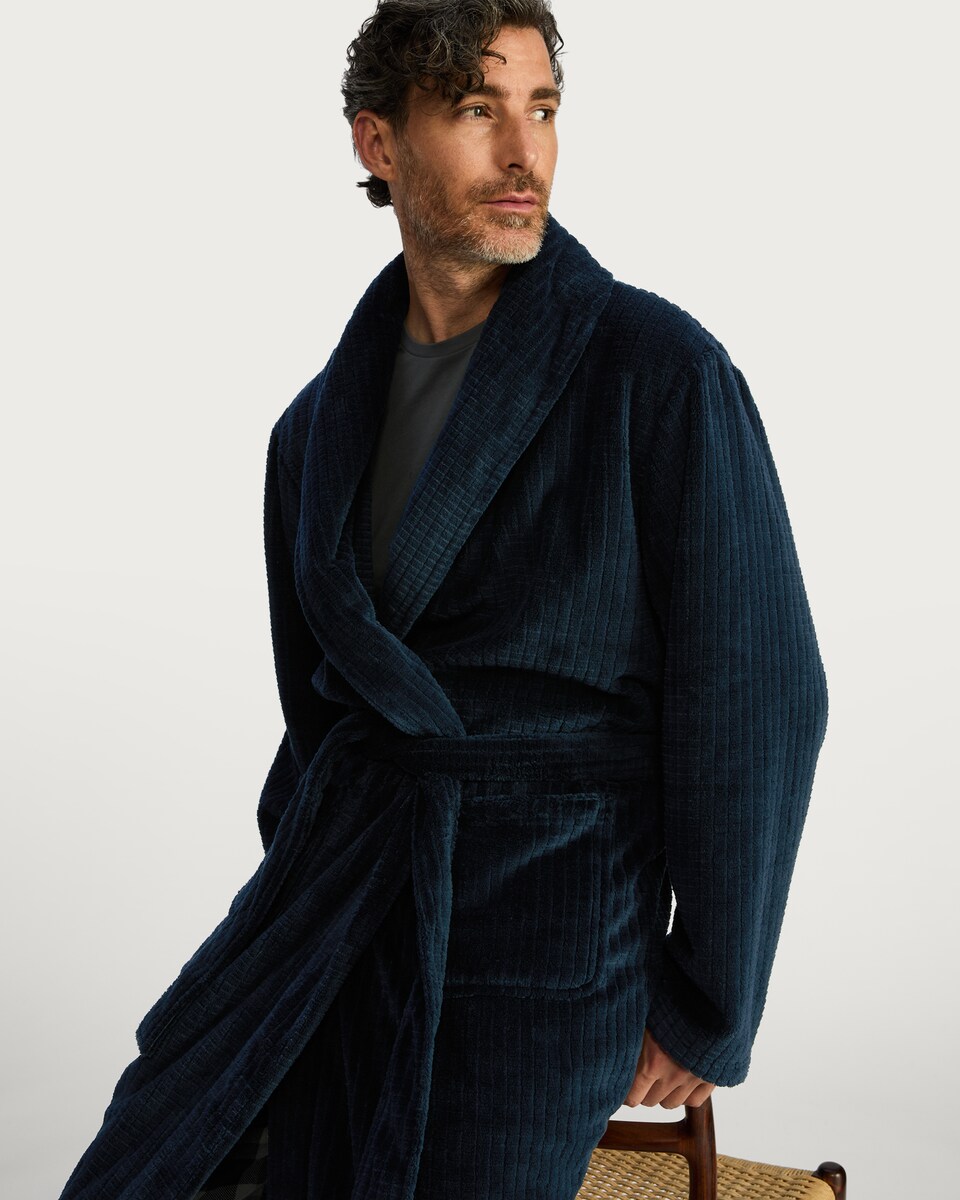 image 1 of F&F Fleece Textured Dressing Gown in Navy